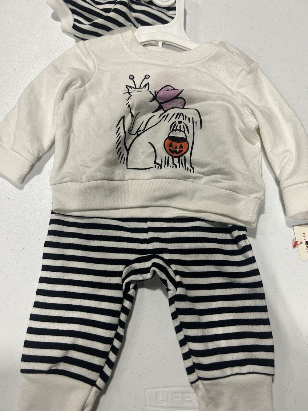 Cat & Jack Baby Girl Outfit Set NB Black White Striped Pants Cute Graphic Cozy